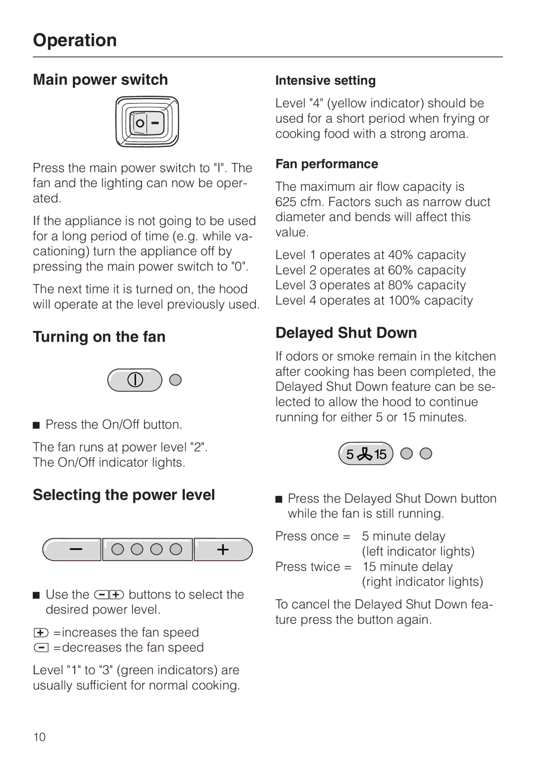 Miele DA 230-3 Operation, Turning on the fan, Selecting the power level, Intensive setting, Fan performance 