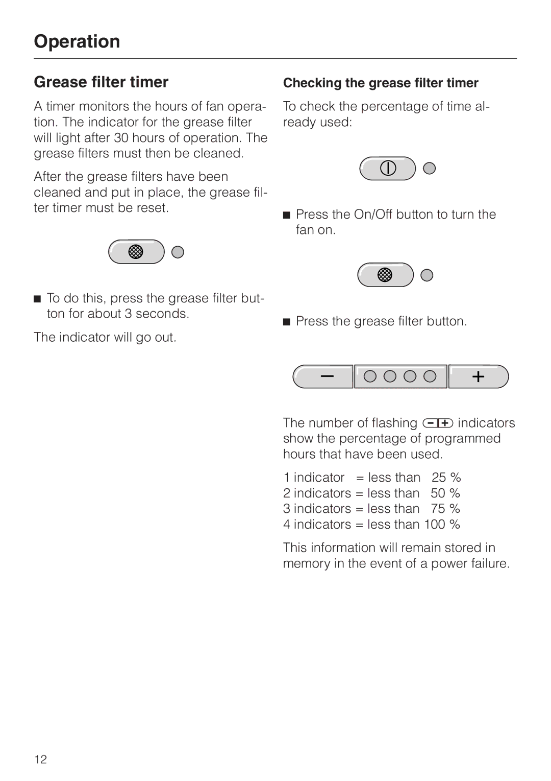 Miele DA 230-3 installation instructions Grease filter timer, Checking the grease filter timer 