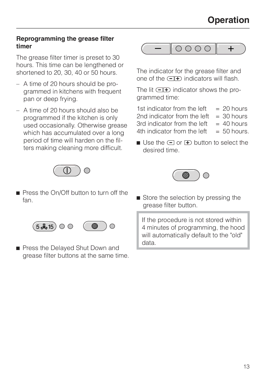 Miele DA 230-3 installation instructions Reprogramming the grease filter timer 