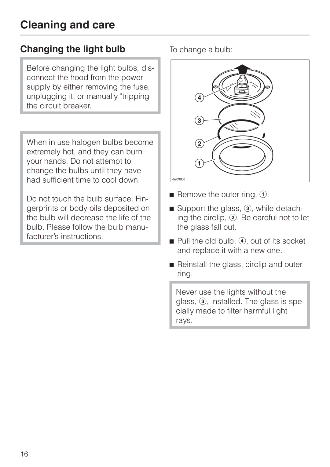 Miele DA 230-3 installation instructions Changing the light bulb 