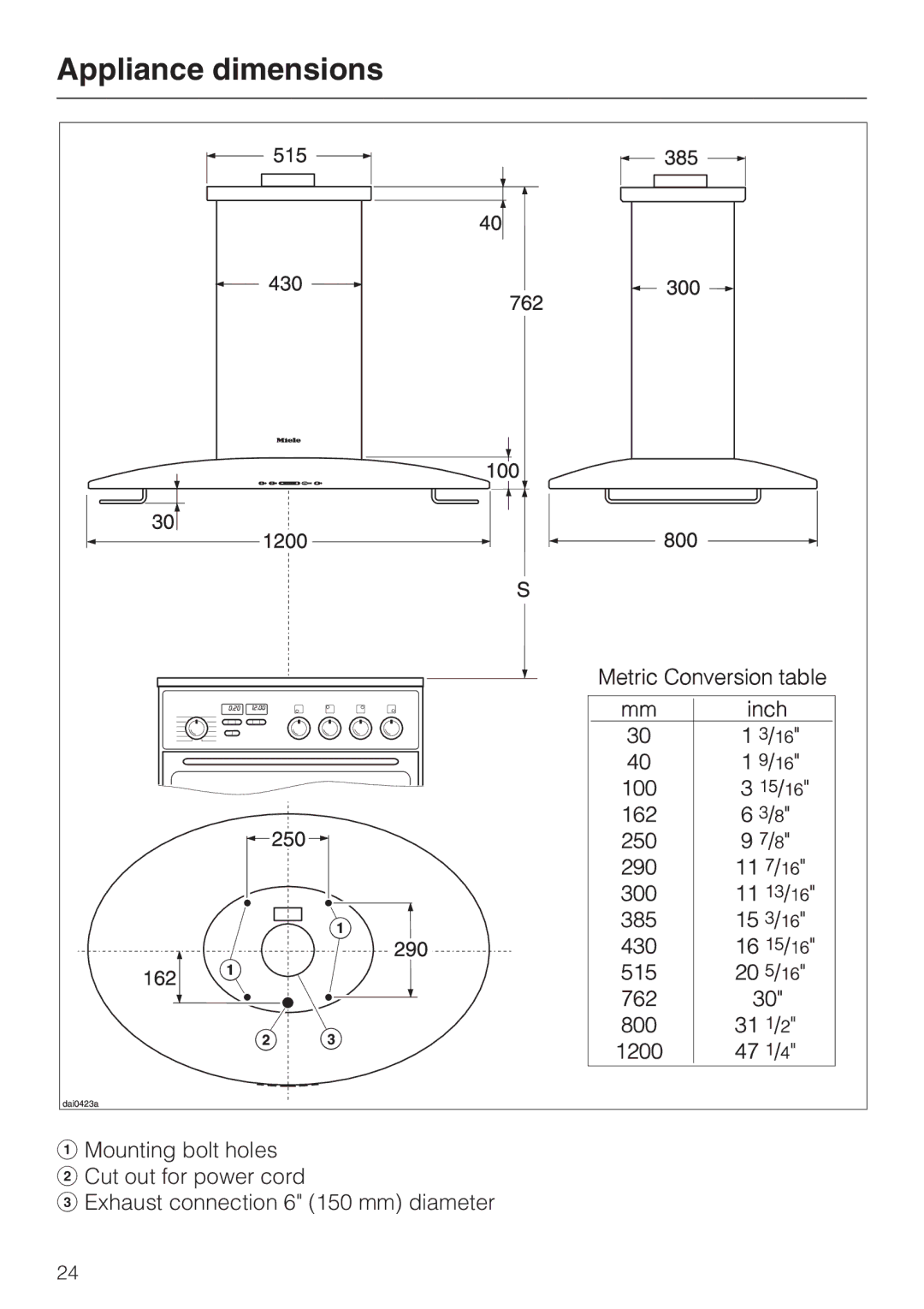 Miele DA 230-3 installation instructions Appliance dimensions 