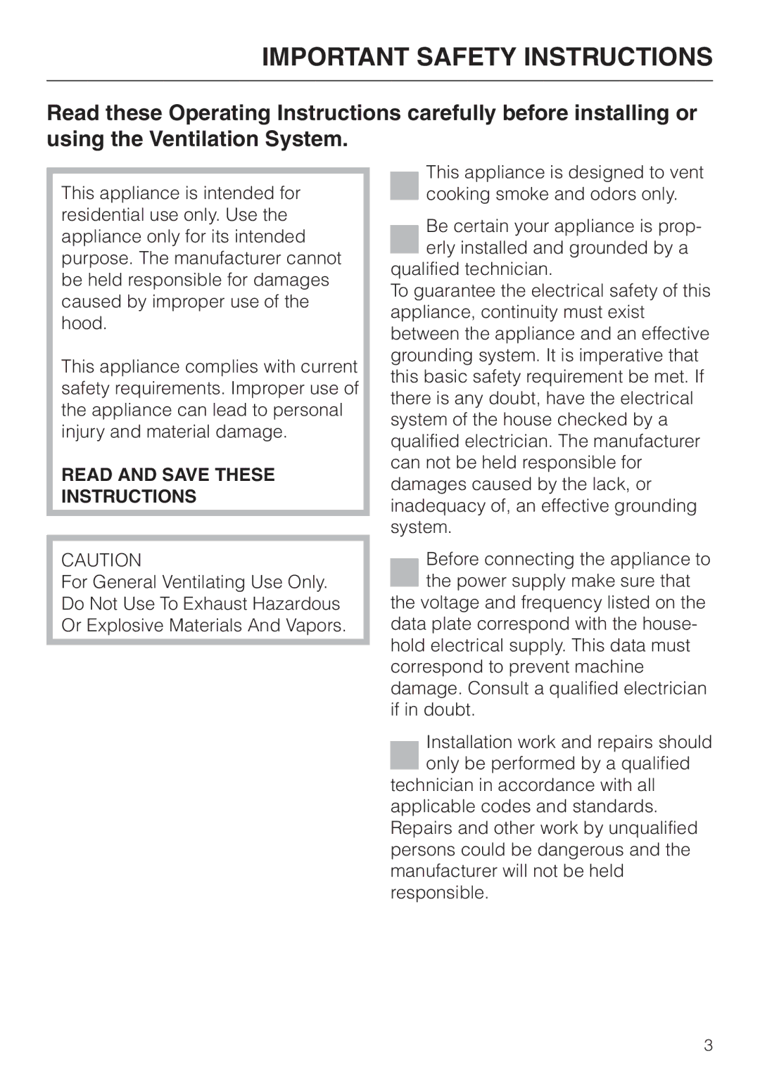 Miele DA 230-3 installation instructions Important Safety Instructions 