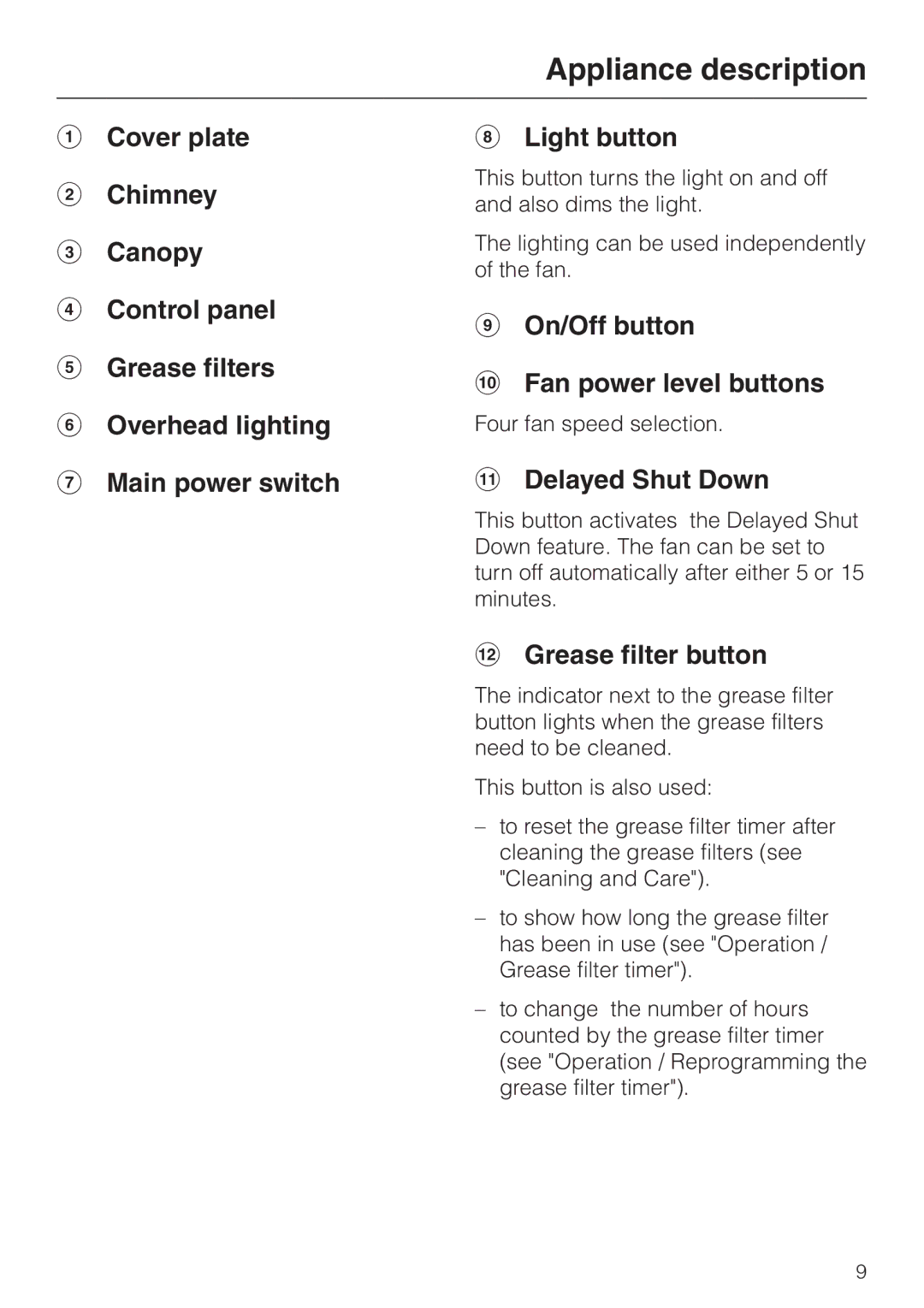 Miele DA 230-3 installation instructions On/Off button Fan power level buttons, Delayed Shut Down, Grease filter button 