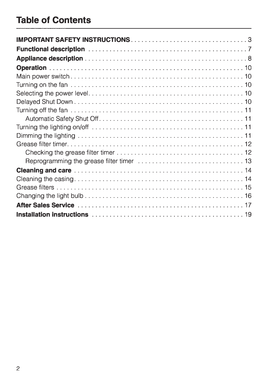 Miele DA 230-3 Table of Contents, Important Safety Instructions, Functional description Appliance description, Operation 