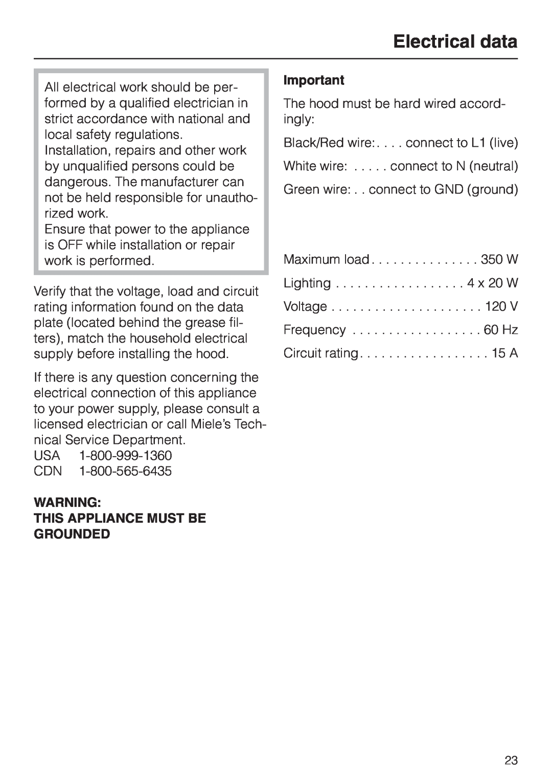 Miele DA 230-3 installation instructions Electrical data, This Appliance Must Be Grounded 