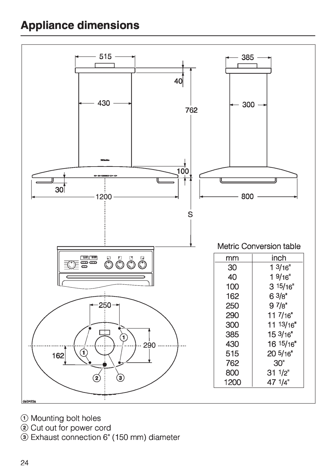 Miele DA 230-3 Appliance dimensions, aMounting bolt holes b Cut out for power cord, c Exhaust connection 6 150 mm diameter 