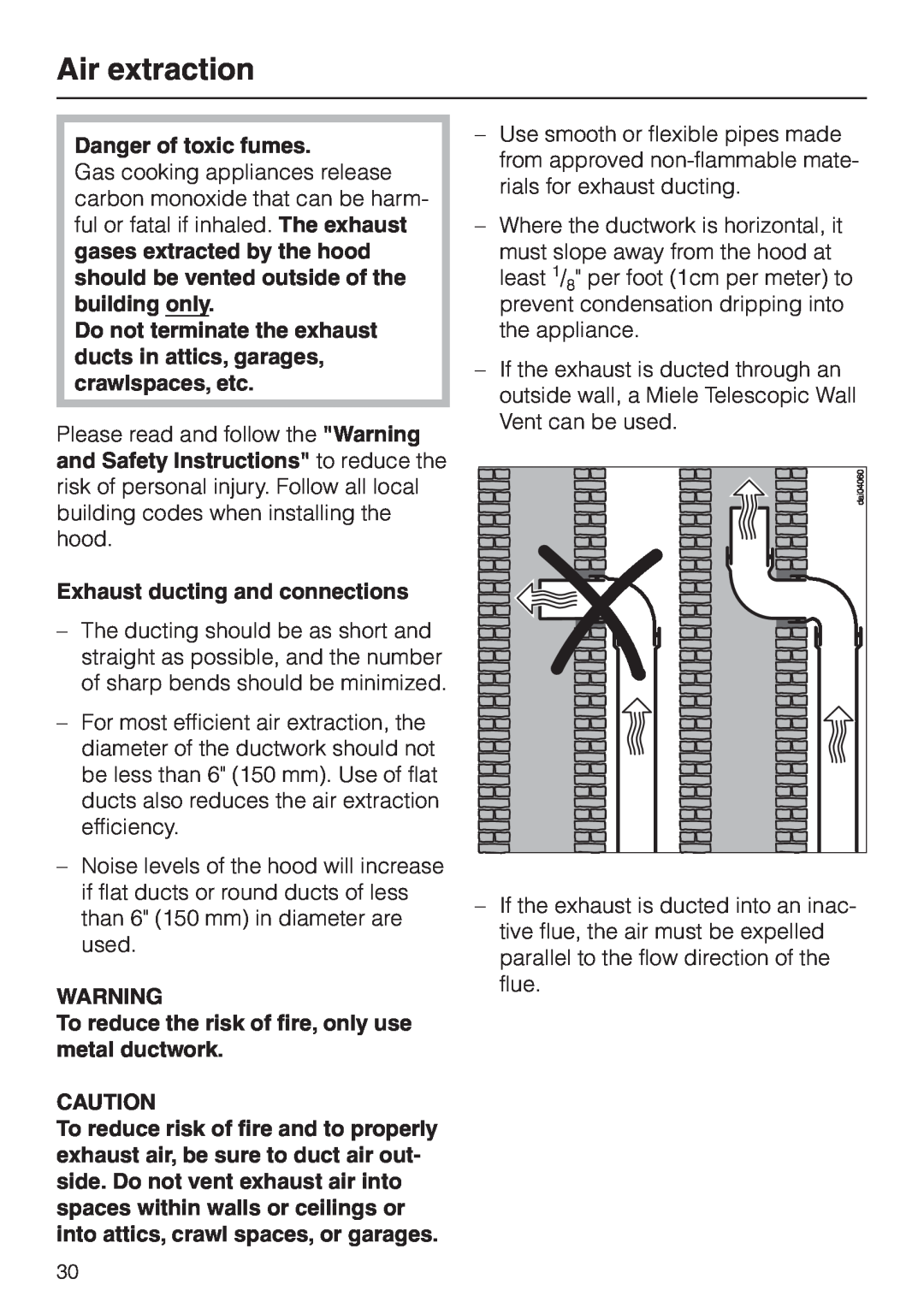 Miele DA 230-3 installation instructions Air extraction, Danger of toxic fumes, Exhaust ducting and connections 
