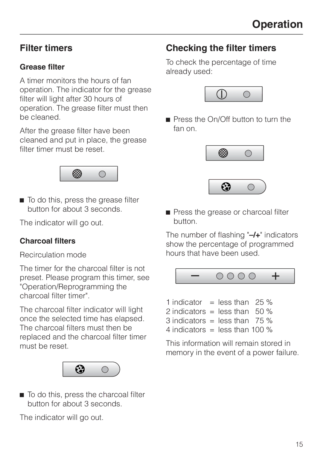 Miele DA 249-4 installation instructions Filter timers, Checking the filter timers, Grease filter, Charcoal filters 