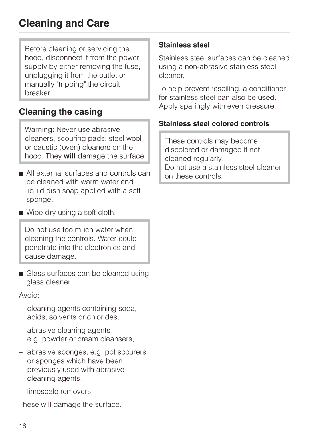 Miele DA 249-4 installation instructions Cleaning and Care, Cleaning the casing, Stainless steel colored controls 