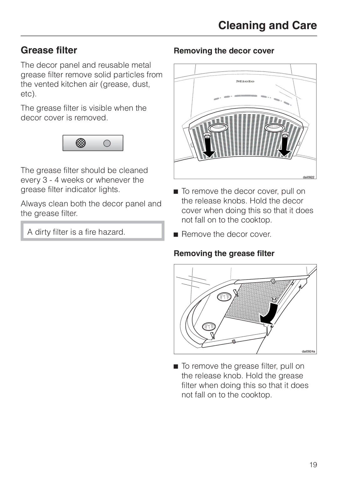 Miele DA 249-4 installation instructions Grease filter, Removing the decor cover, Removing the grease filter 