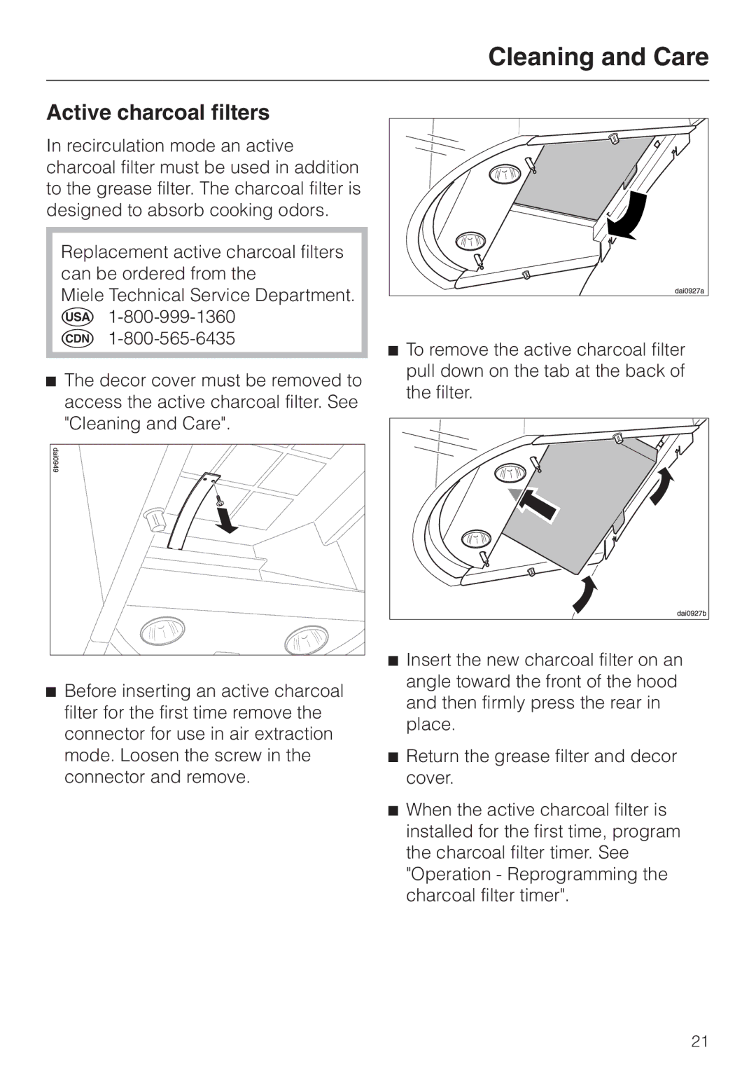 Miele DA 249-4 installation instructions Active charcoal filters 