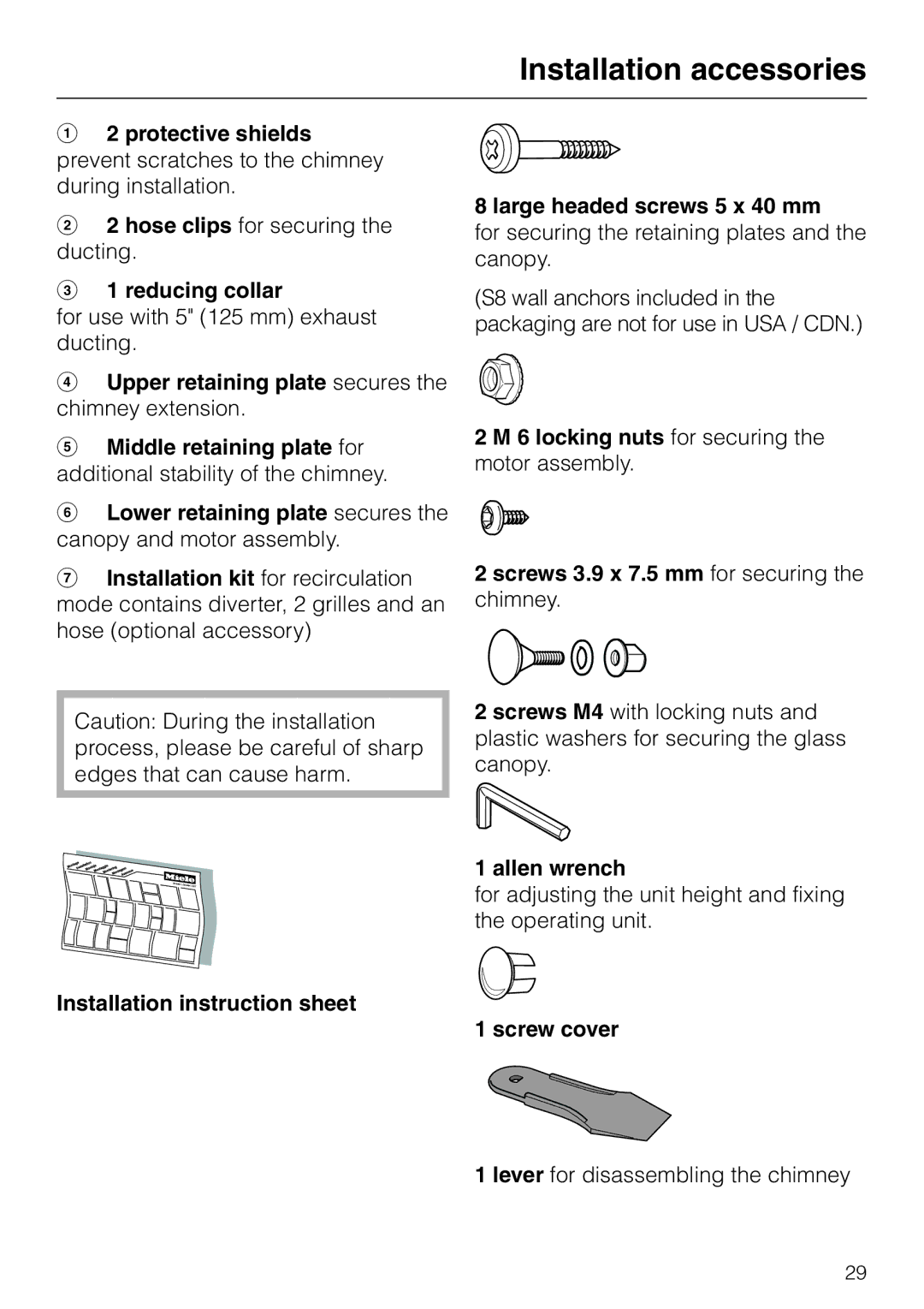 Miele DA 249-4 installation instructions Reducing collar, Allen wrench, Screw cover 