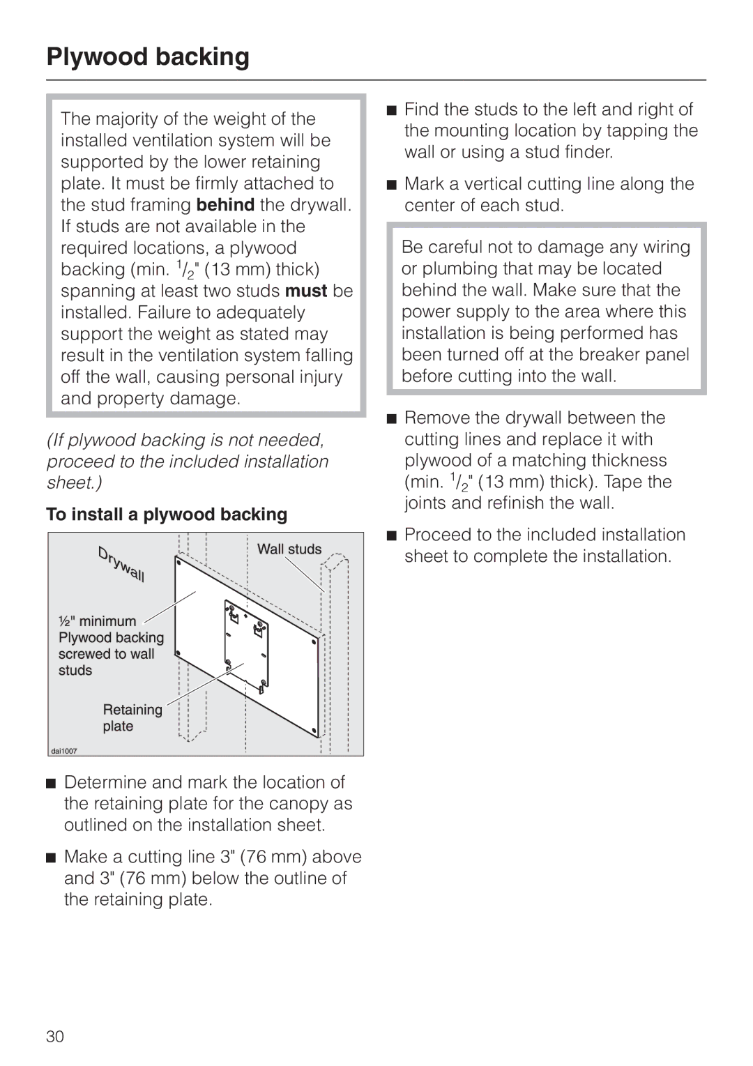 Miele DA 249-4 installation instructions Plywood backing, To install a plywood backing 