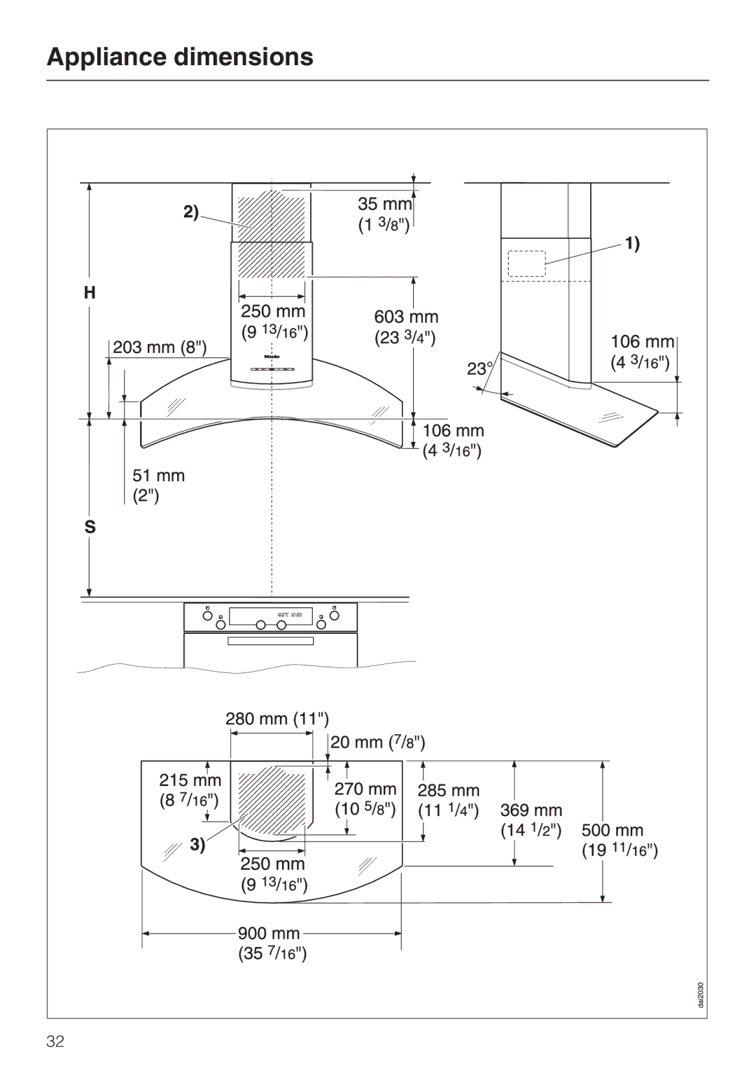 Miele DA 249-4 installation instructions Appliance dimensions 