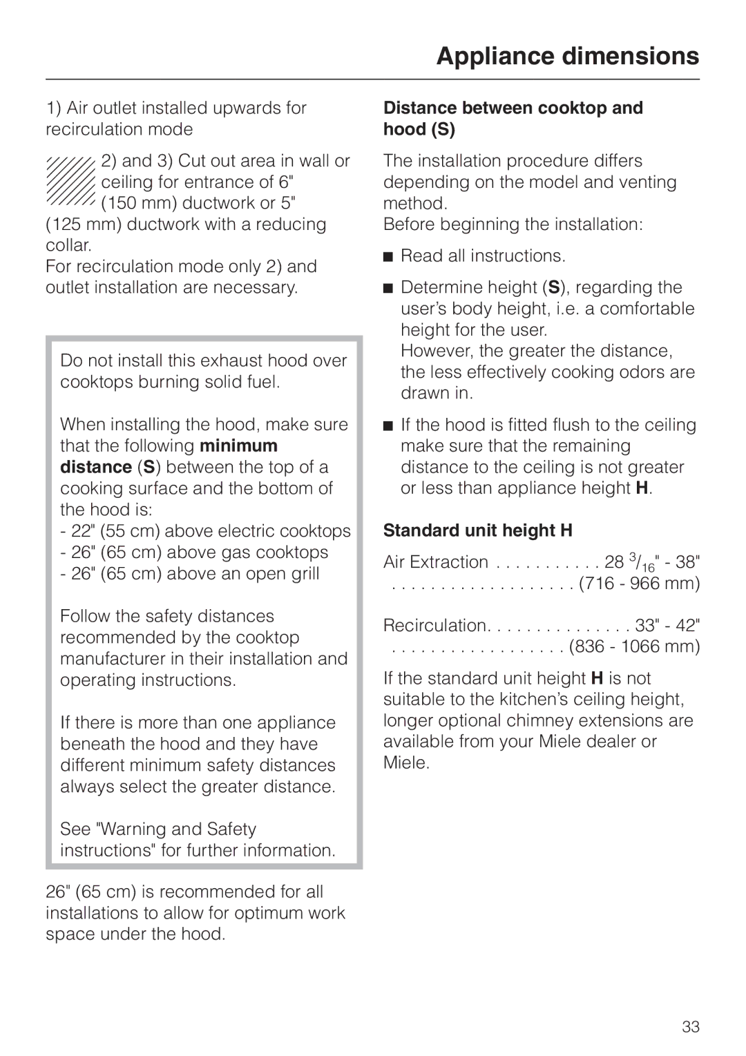 Miele DA 249-4 installation instructions Distance between cooktop and hood S, Standard unit height H 