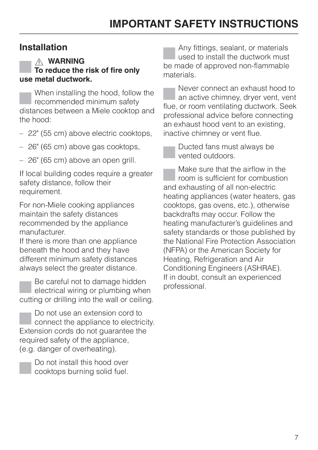 Miele DA 249-4 installation instructions Installation, To reduce the risk of fire only use metal ductwork 