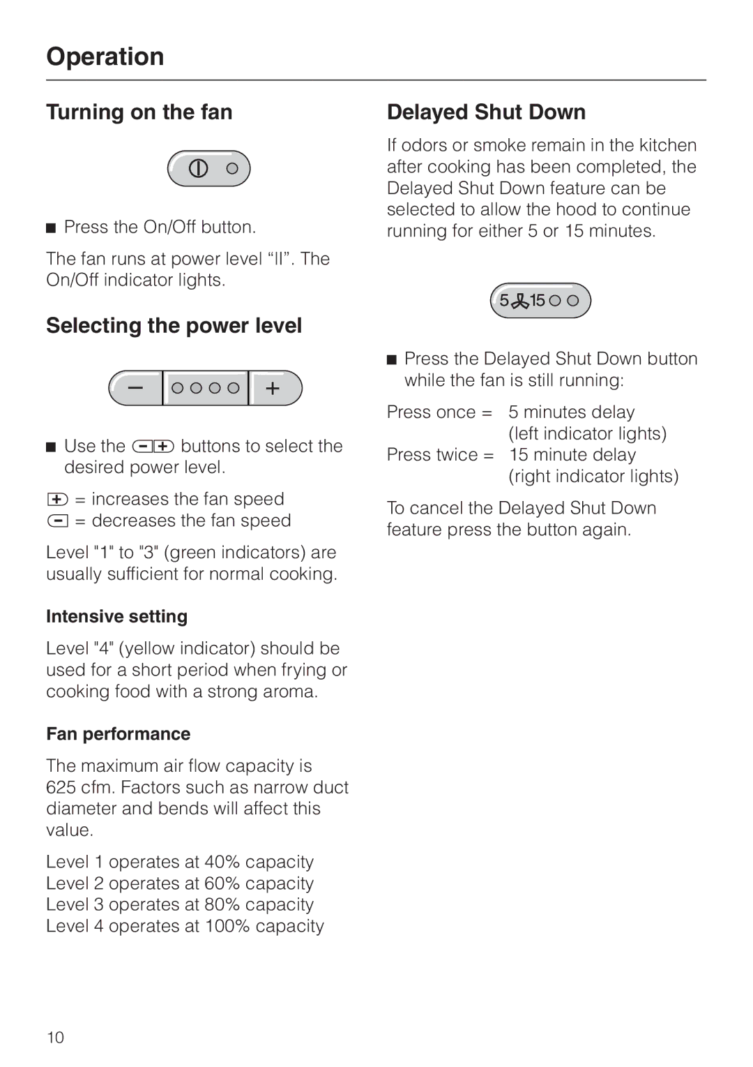 Miele DA 250 Operation, Turning on the fan, Selecting the power level, Intensive setting, Fan performance 