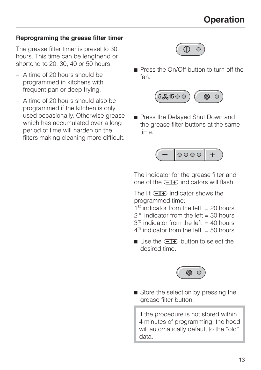 Miele DA 250 installation instructions Reprograming the grease filter timer 