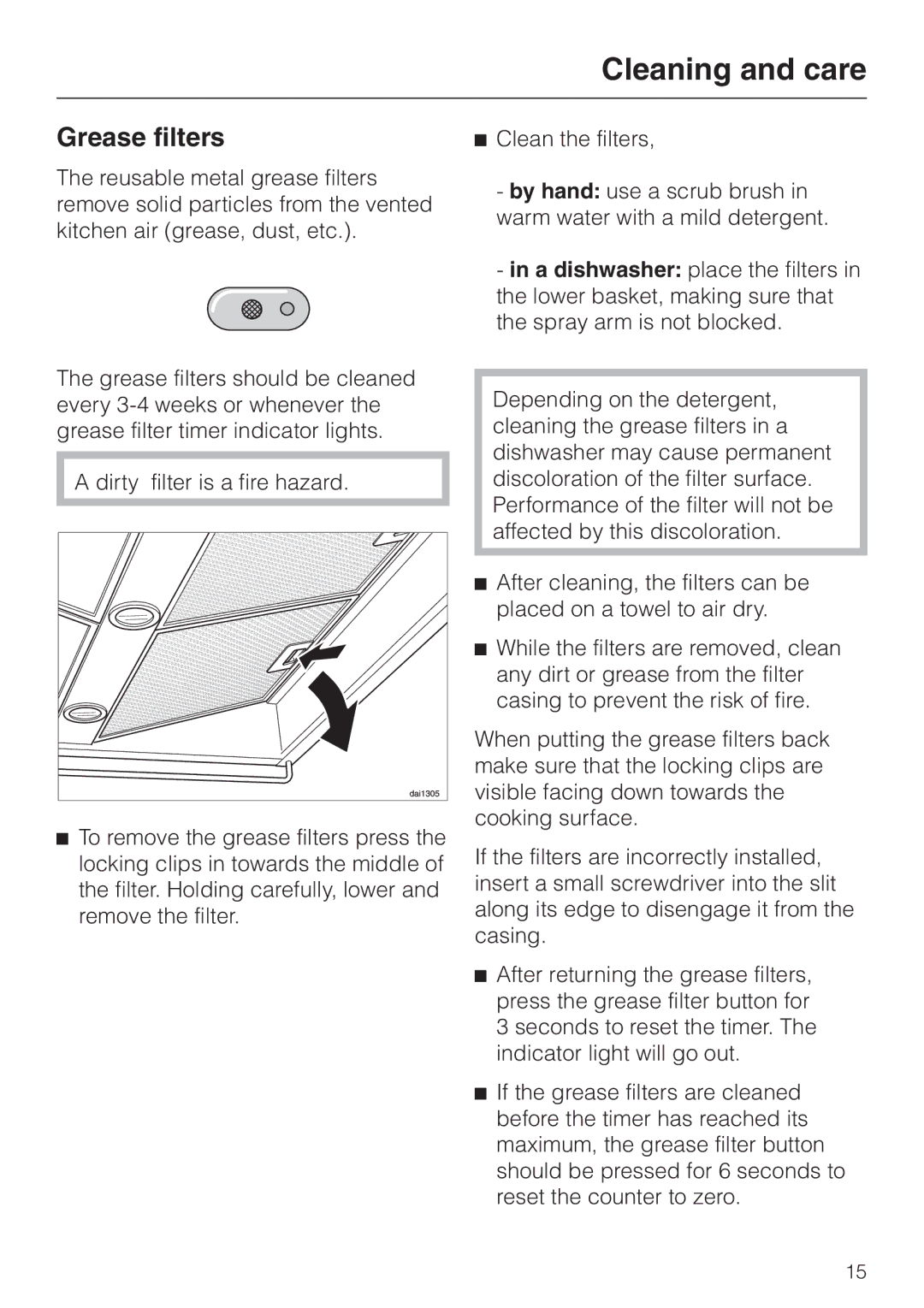 Miele DA 250 installation instructions Grease filters, Clean the filters 