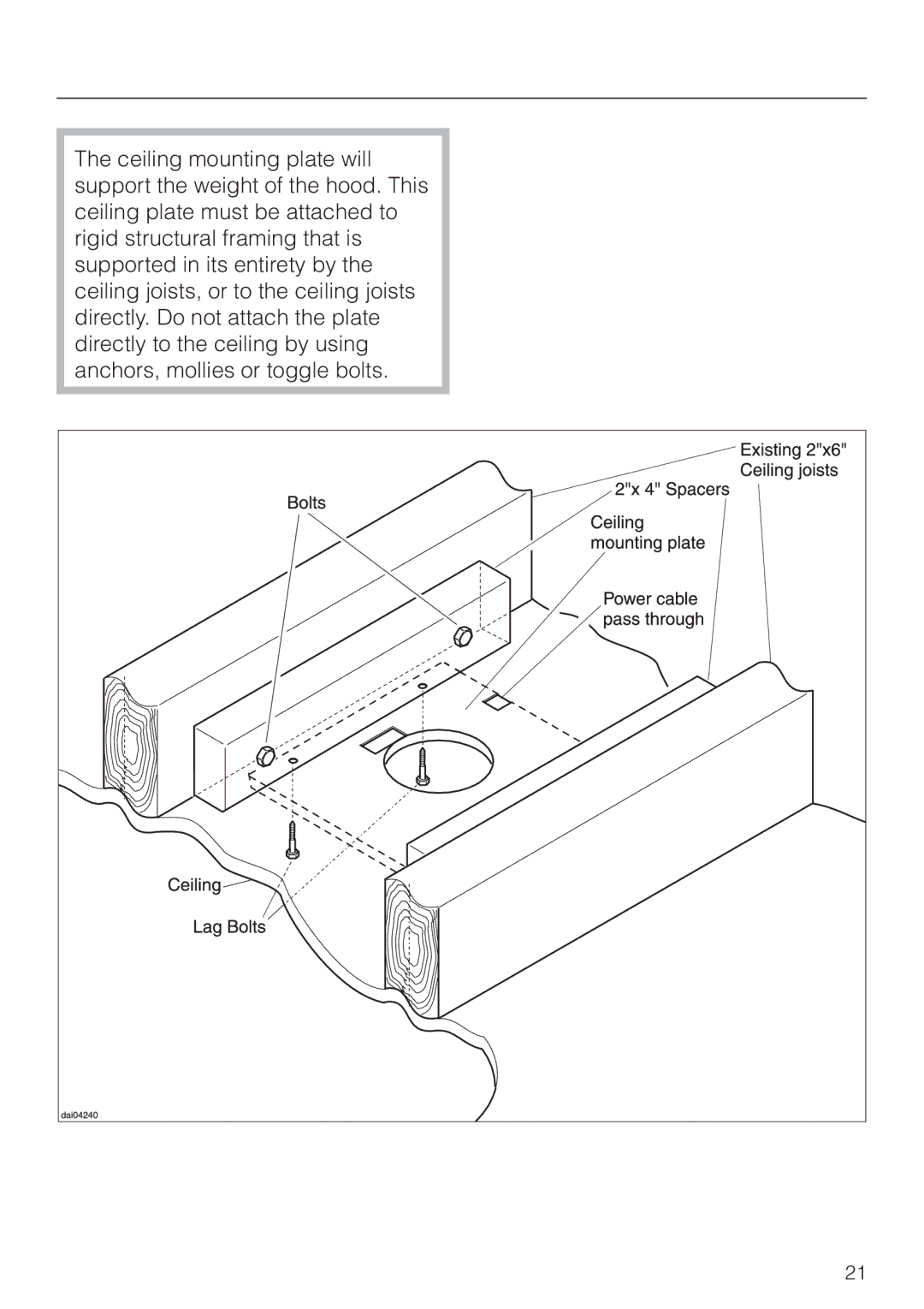 Miele DA 250 installation instructions Structural support 