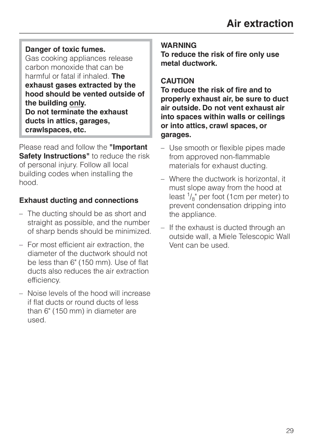 Miele DA 250 installation instructions Air extraction, Exhaust ducting and connections 