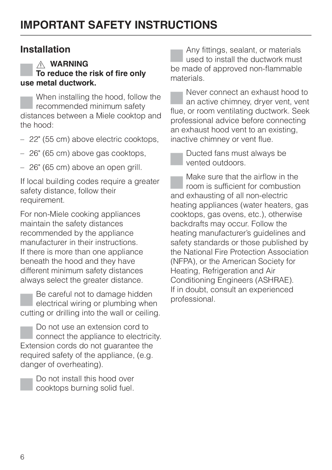 Miele DA 250 installation instructions Installation, To reduce the risk of fire only use metal ductwork 