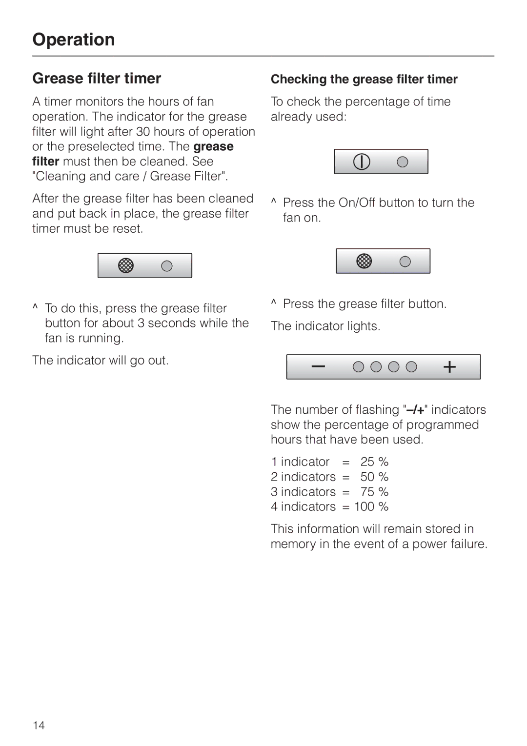 Miele DA 270-4 installation instructions Grease filter timer, Checking the grease filter timer 