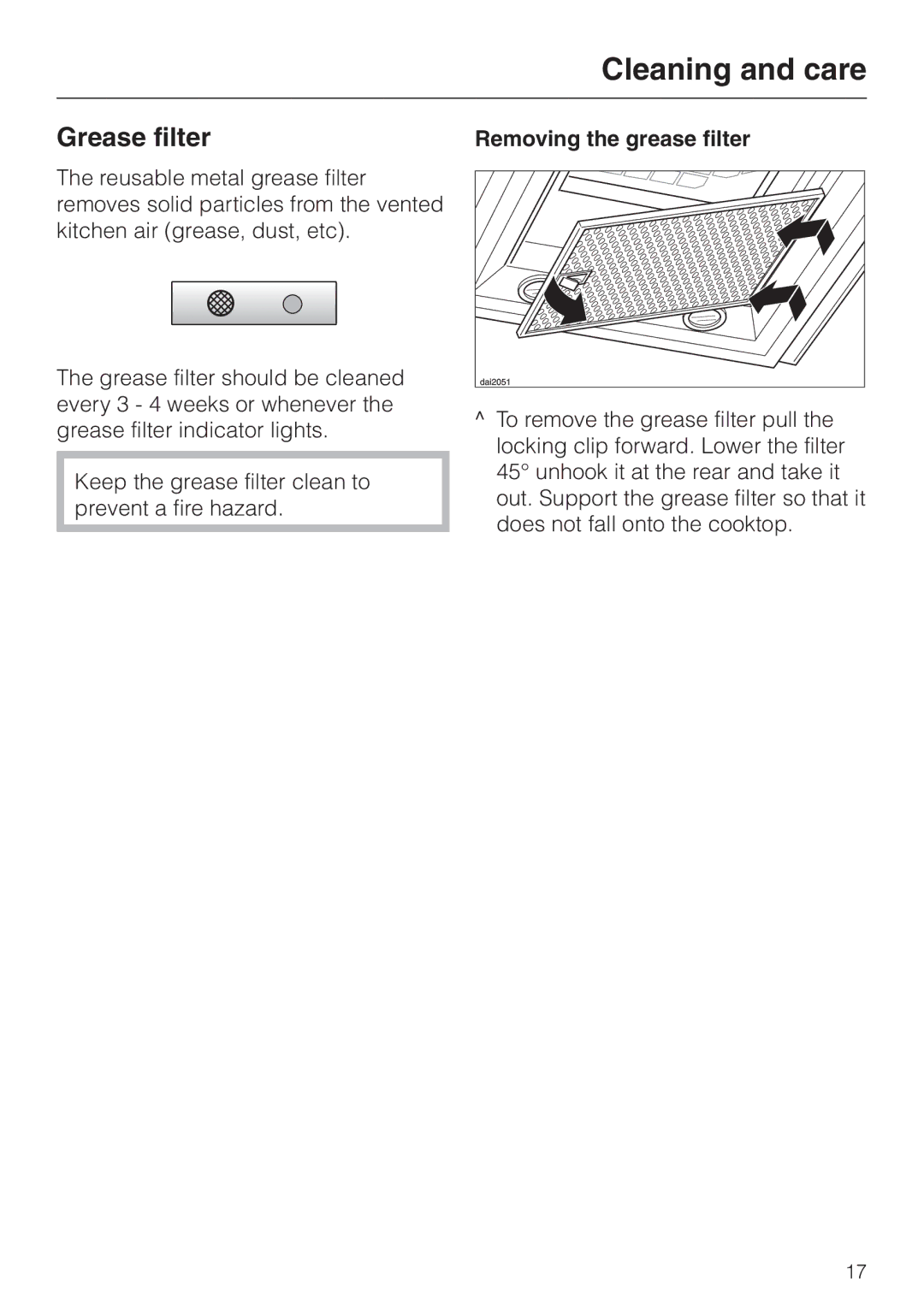 Miele DA 270-4 installation instructions Removing the grease filter 