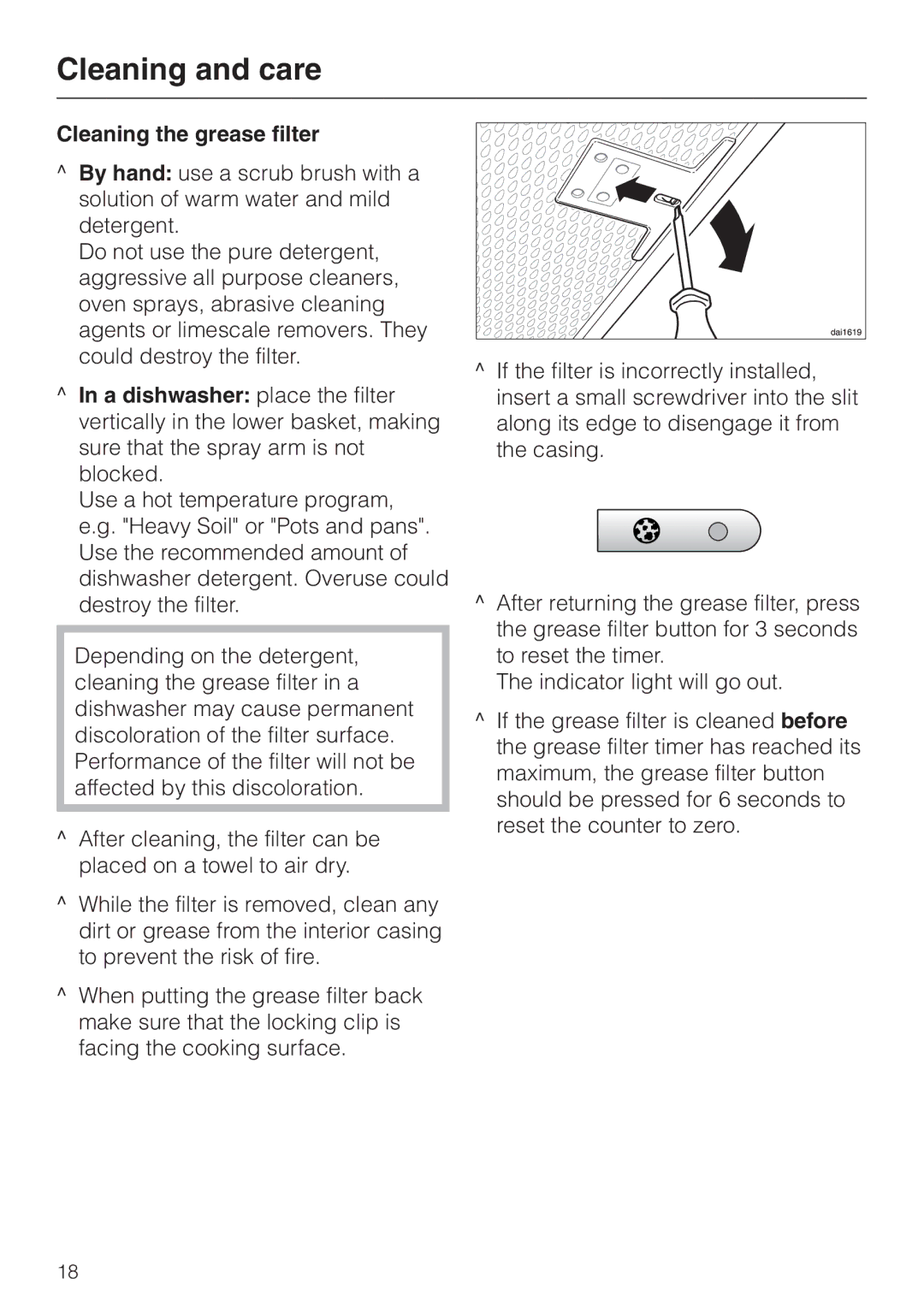 Miele DA 270-4 installation instructions Cleaning the grease filter 