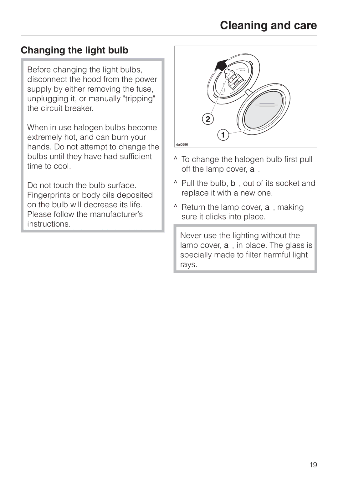 Miele DA 270-4 installation instructions Changing the light bulb 