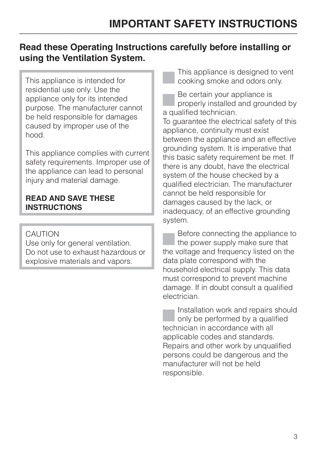 Miele DA 270-4 installation instructions Important Safety Instructions 