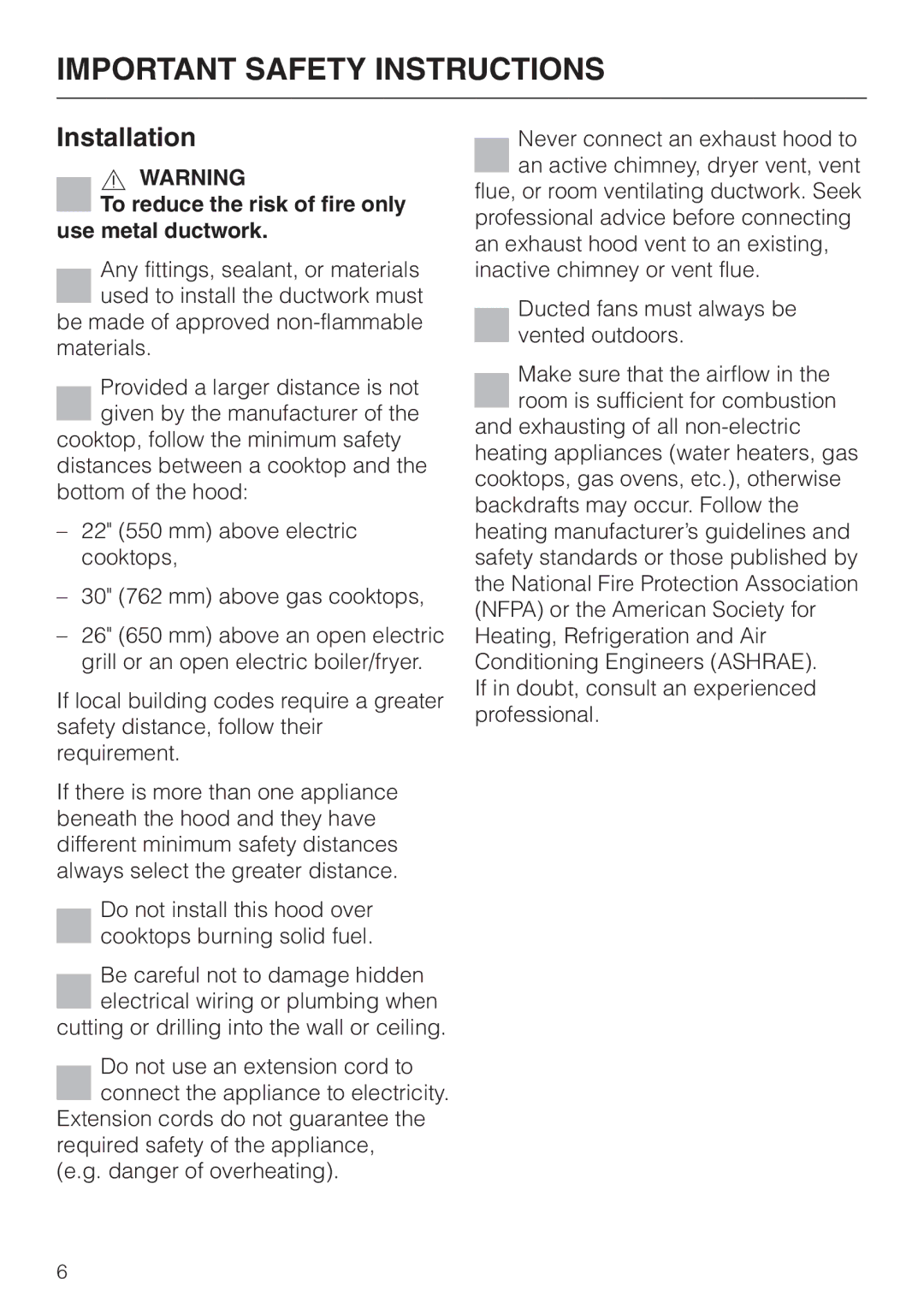 Miele DA 270-4 installation instructions Installation, To reduce the risk of fire only use metal ductwork 