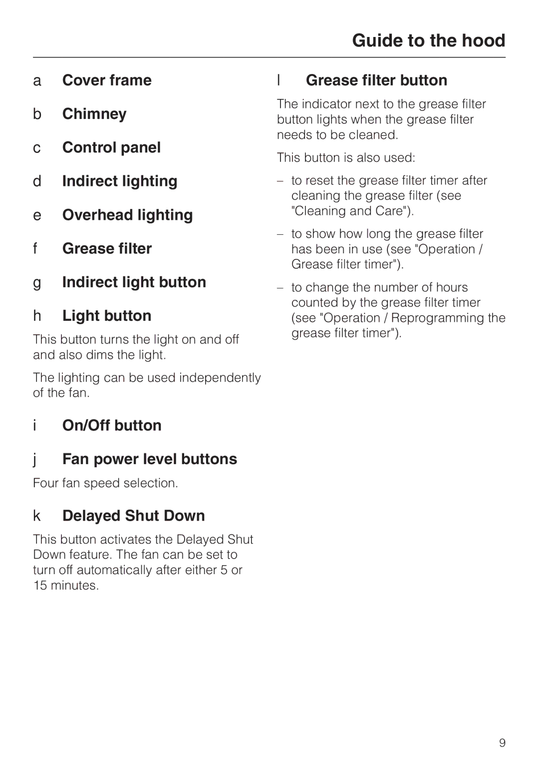 Miele DA 270-4 installation instructions On/Off button Fan power level buttons, Delayed Shut Down, Grease filter button 