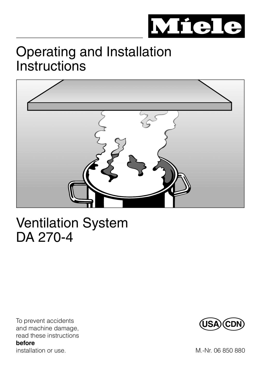 Miele DA 270-4 installation instructions Operating and Installation Instructions, Ventilation System DA, en - US, CA 