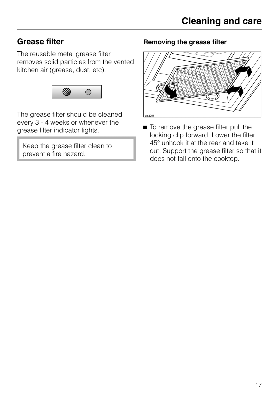 Miele DA 270-4 installation instructions Grease filter, Cleaning and care, Removing the grease filter 