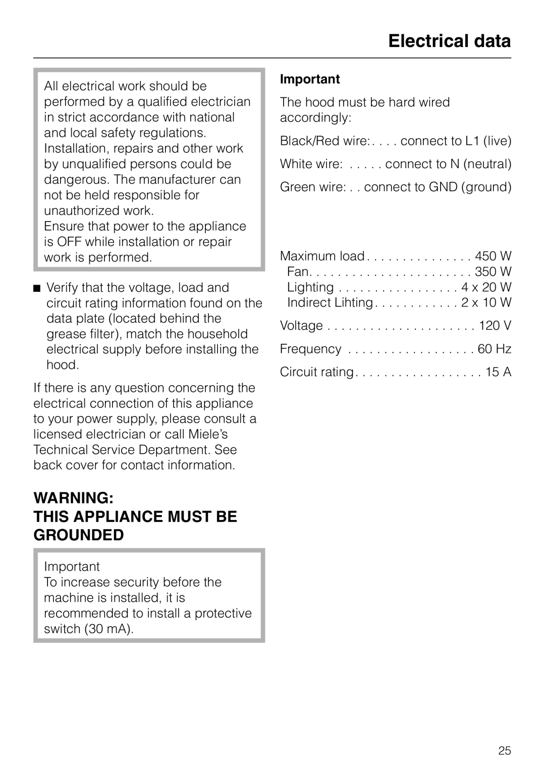Miele DA 270-4 installation instructions Electrical data, This Appliance Must Be Grounded 