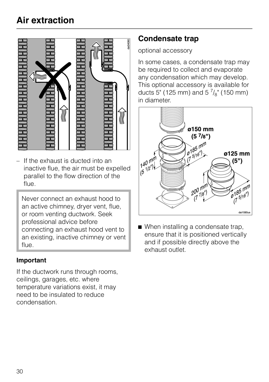 Miele DA 270-4 installation instructions Condensate trap, Air extraction 