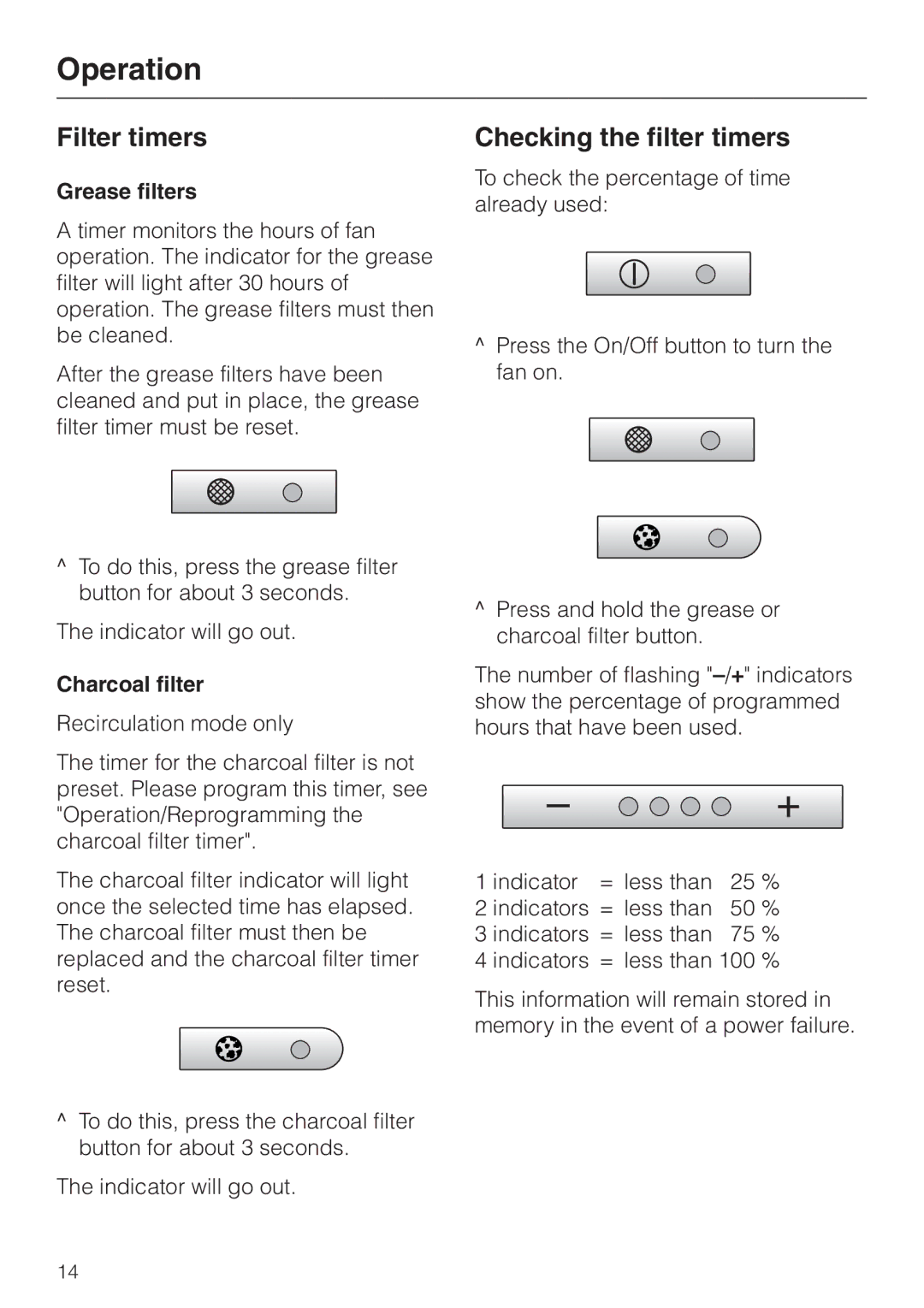 Miele DA 279-4 installation instructions Filter timers, Checking the filter timers, Grease filters, Charcoal filter 