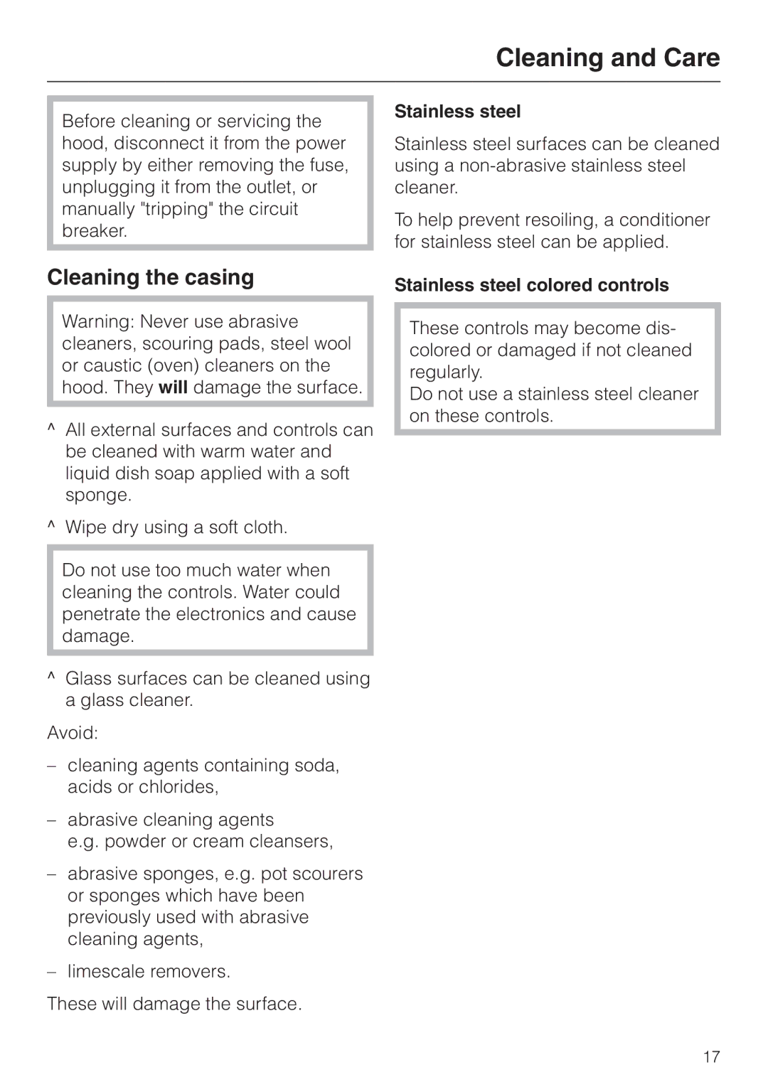 Miele DA 279-4 installation instructions Cleaning and Care, Cleaning the casing, Stainless steel colored controls 