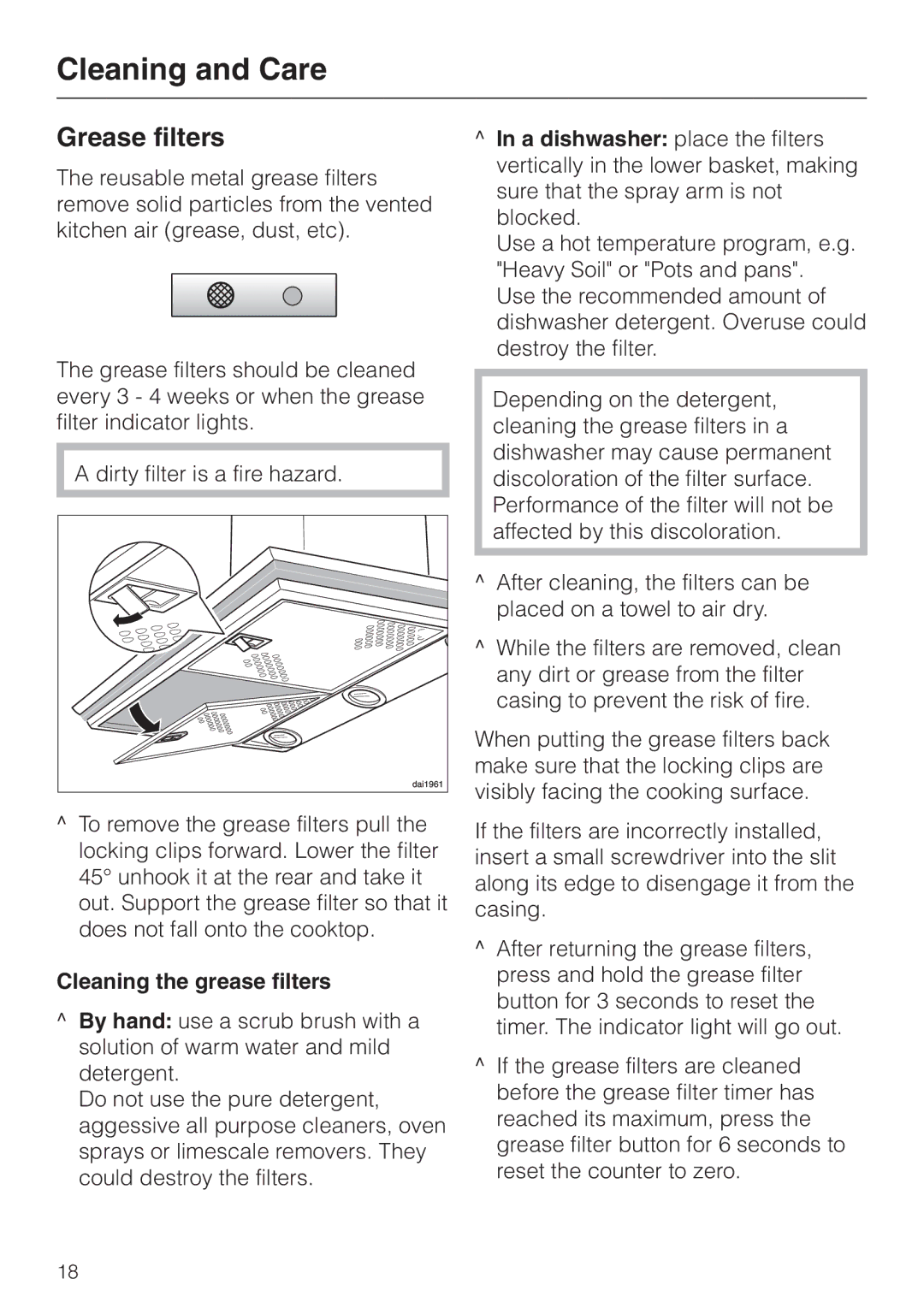 Miele DA 279-4 installation instructions Grease filters, Cleaning the grease filters 