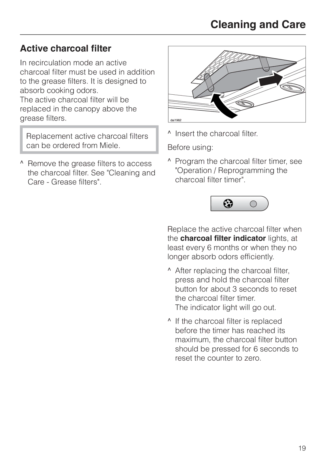 Miele DA 279-4 installation instructions Active charcoal filter, Insert the charcoal filter 