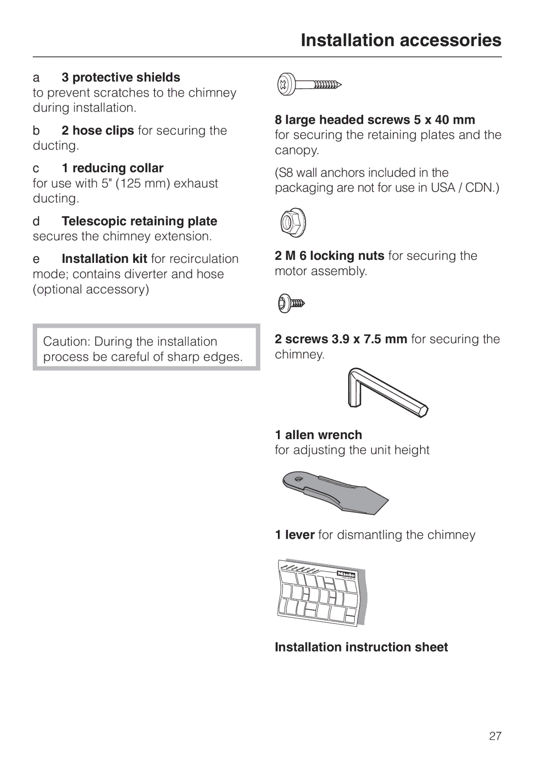 Miele DA 279-4 Protective shields, Reducing collar, Telescopic retaining plate secures the chimney extension 