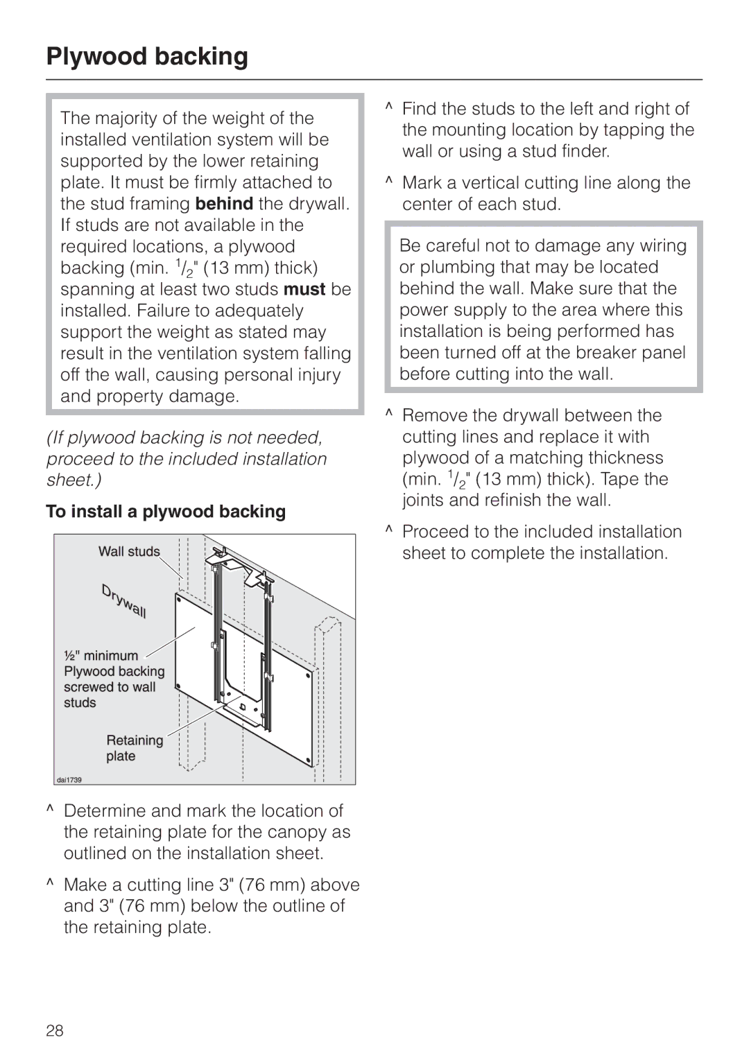 Miele DA 279-4 installation instructions Plywood backing, To install a plywood backing 