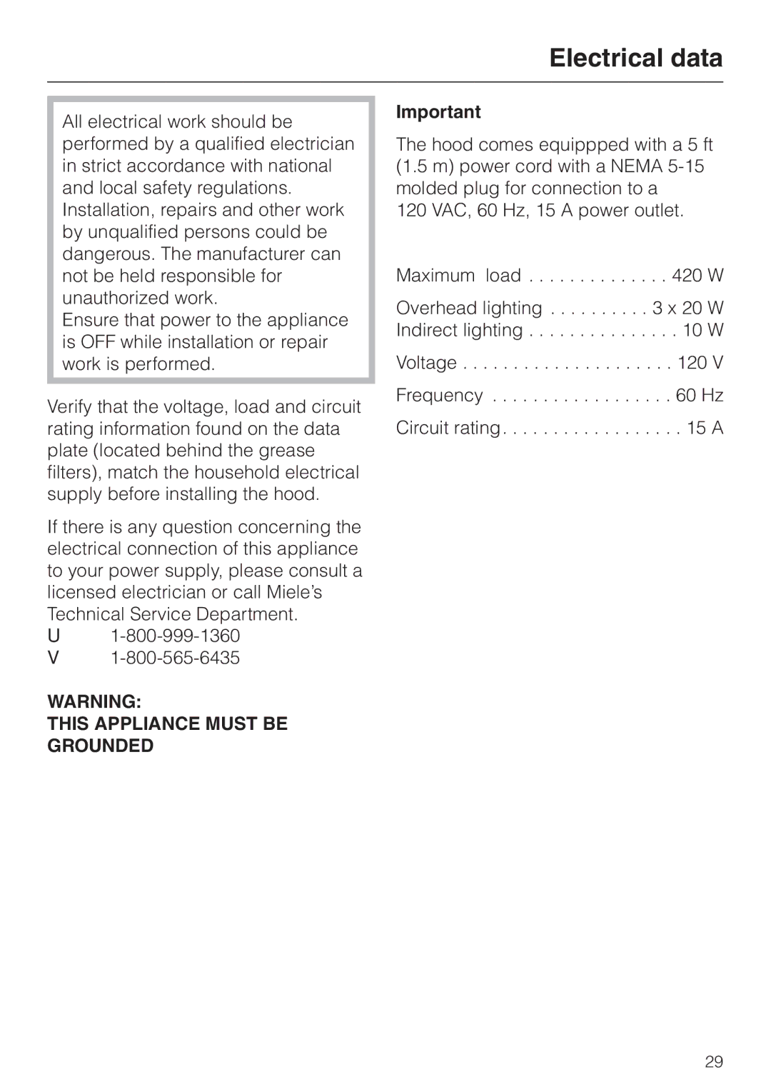 Miele DA 279-4 installation instructions Electrical data, This Appliance Must be Grounded 