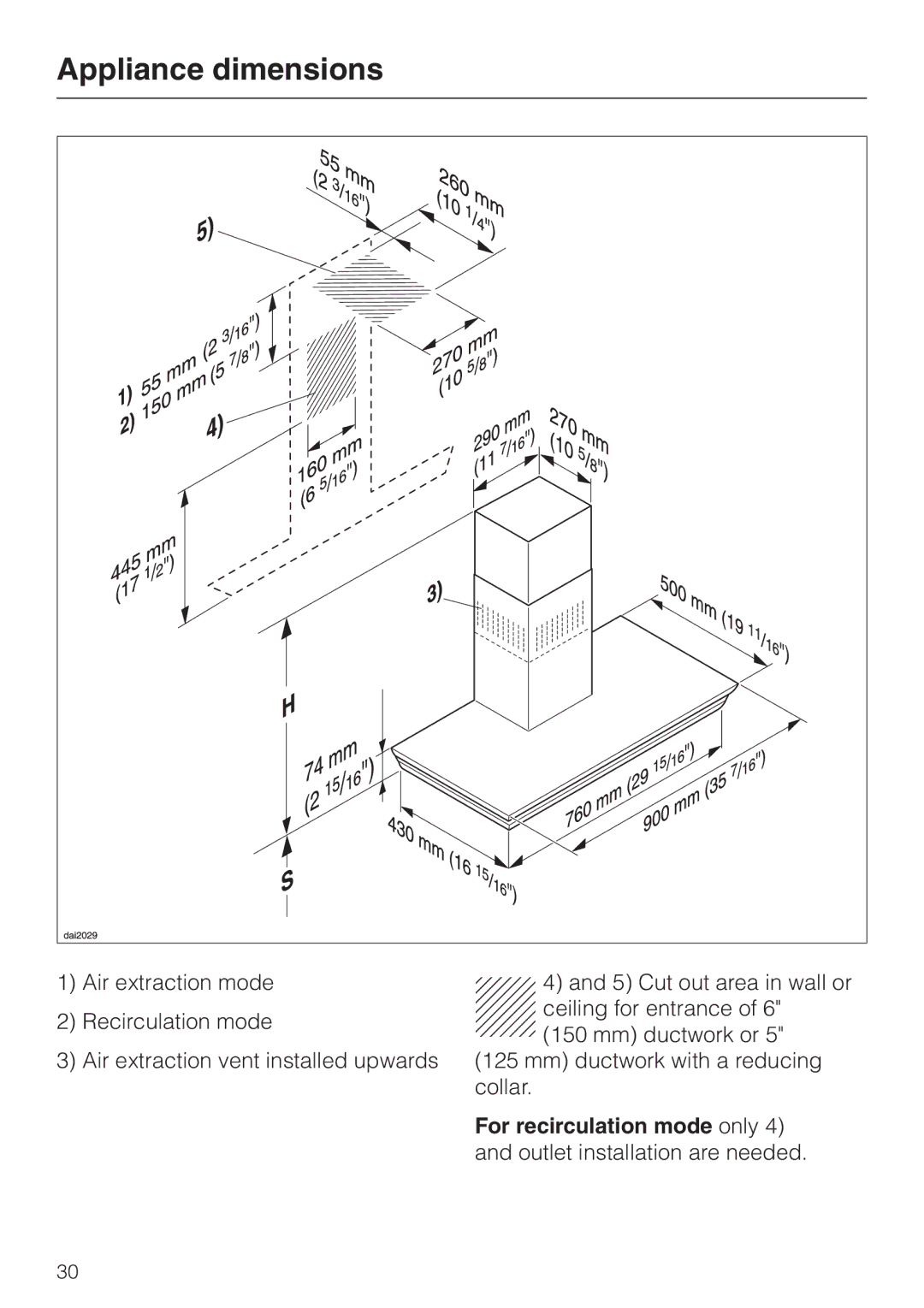 Miele DA 279-4 installation instructions Appliance dimensions 