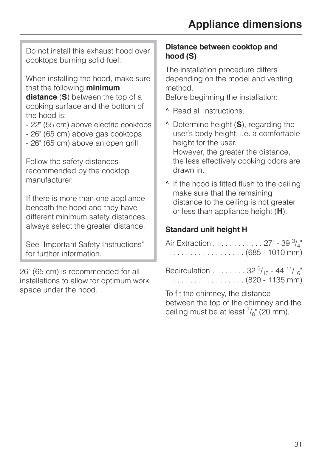 Miele DA 279-4 installation instructions Distance between cooktop and hood S, Standard unit height H 