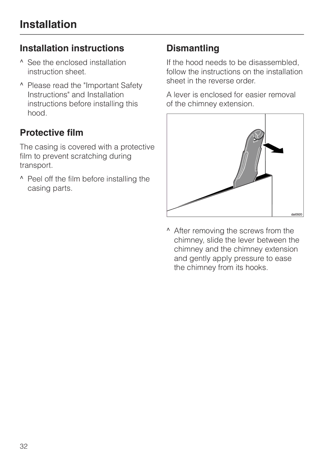 Miele DA 279-4 installation instructions Installation instructions, Protective film, Dismantling 