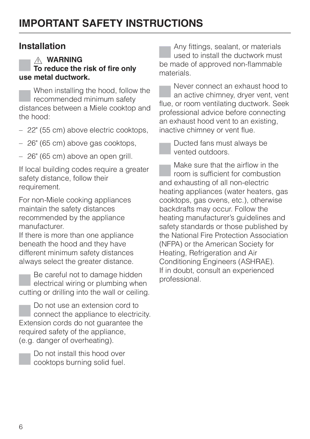 Miele DA 279-4 installation instructions Installation, To reduce the risk of fire only use metal ductwork 