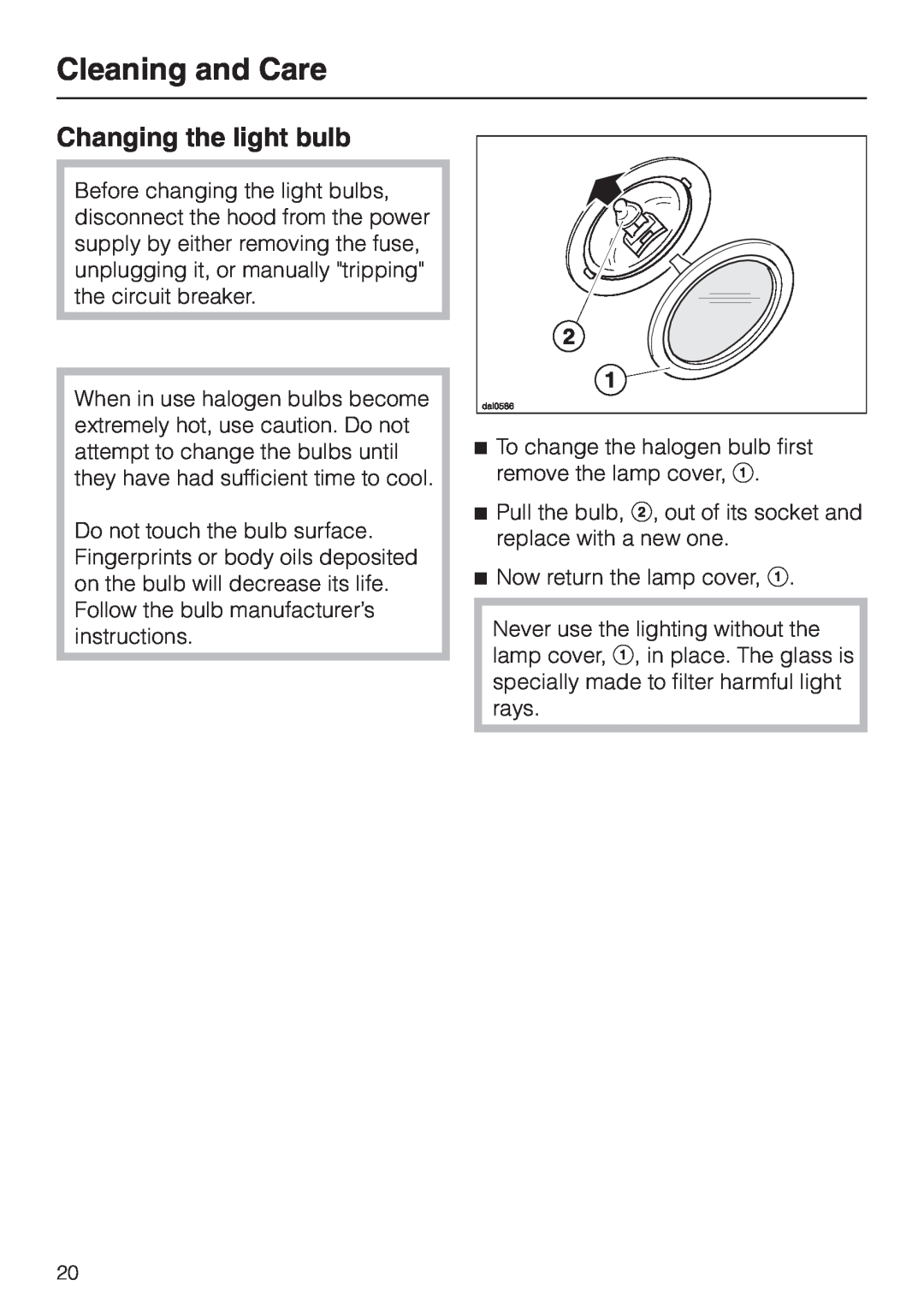 Miele DA 279-4 installation instructions Changing the light bulb, Cleaning and Care 