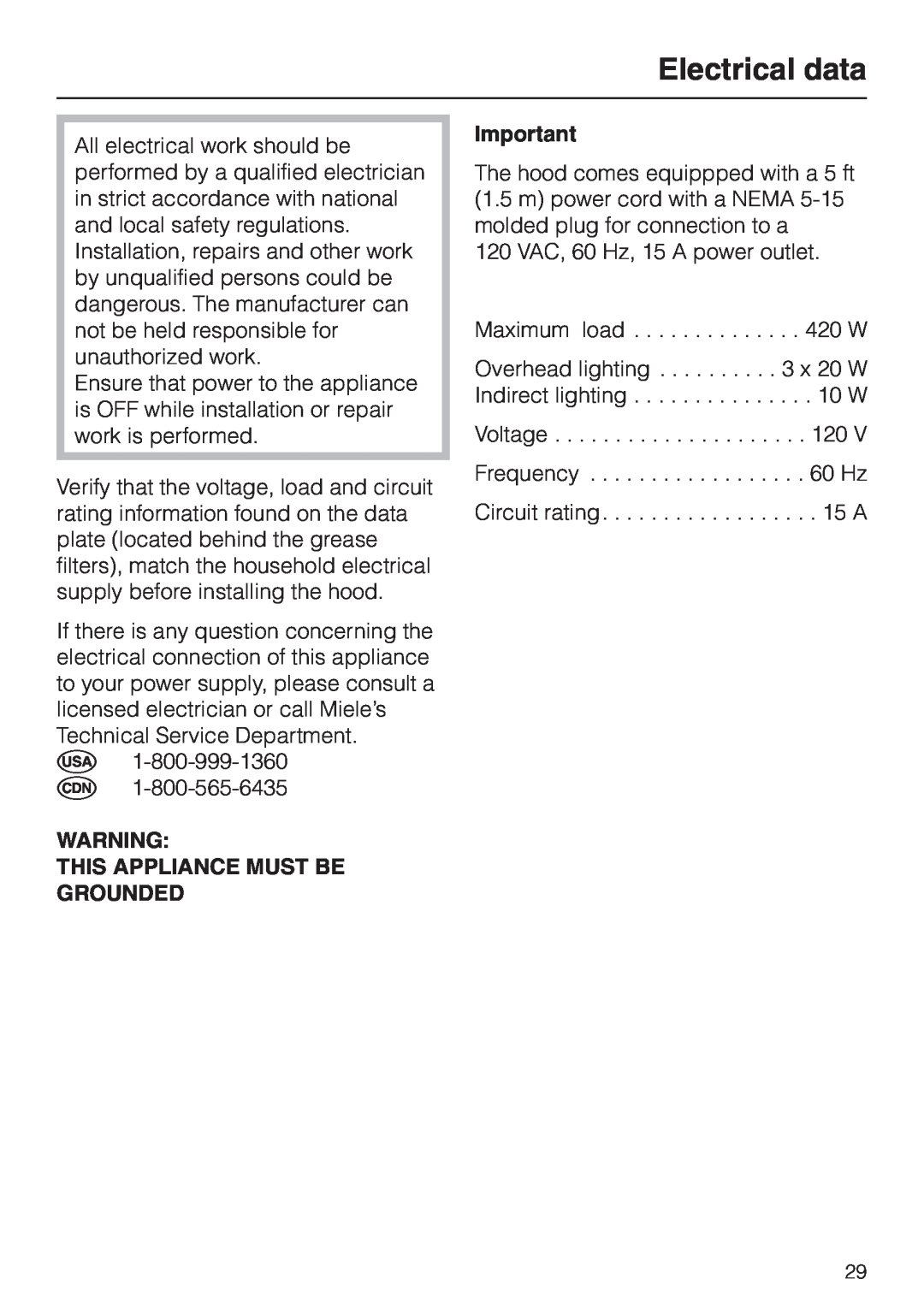 Miele DA 279-4 installation instructions Electrical data, This Appliance Must Be Grounded 